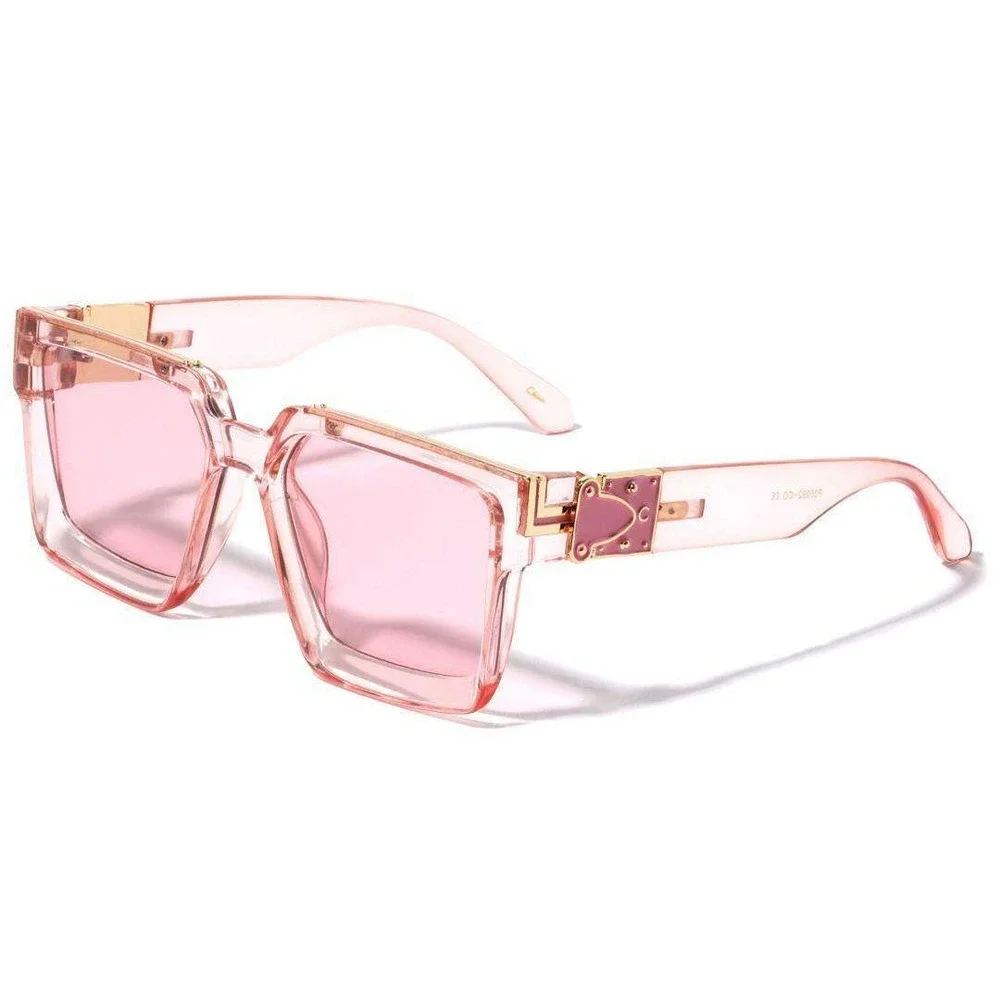 Womens Oversized Square Pink‎ Sunglasses Gold Hardware Transparent Tinted Shades